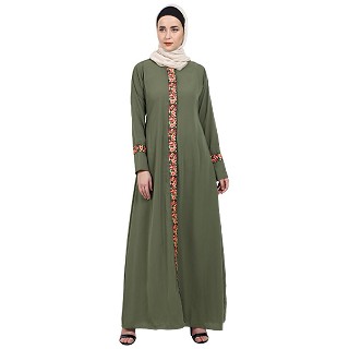 Elegant front open abaya with embroidery work- Jade Green